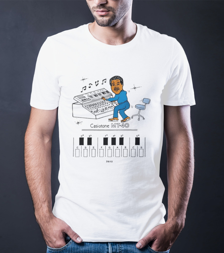 Casiotone MT 40 Vintage Cartoon Musician With Keyboard Notes And Rhythm T-Shirt