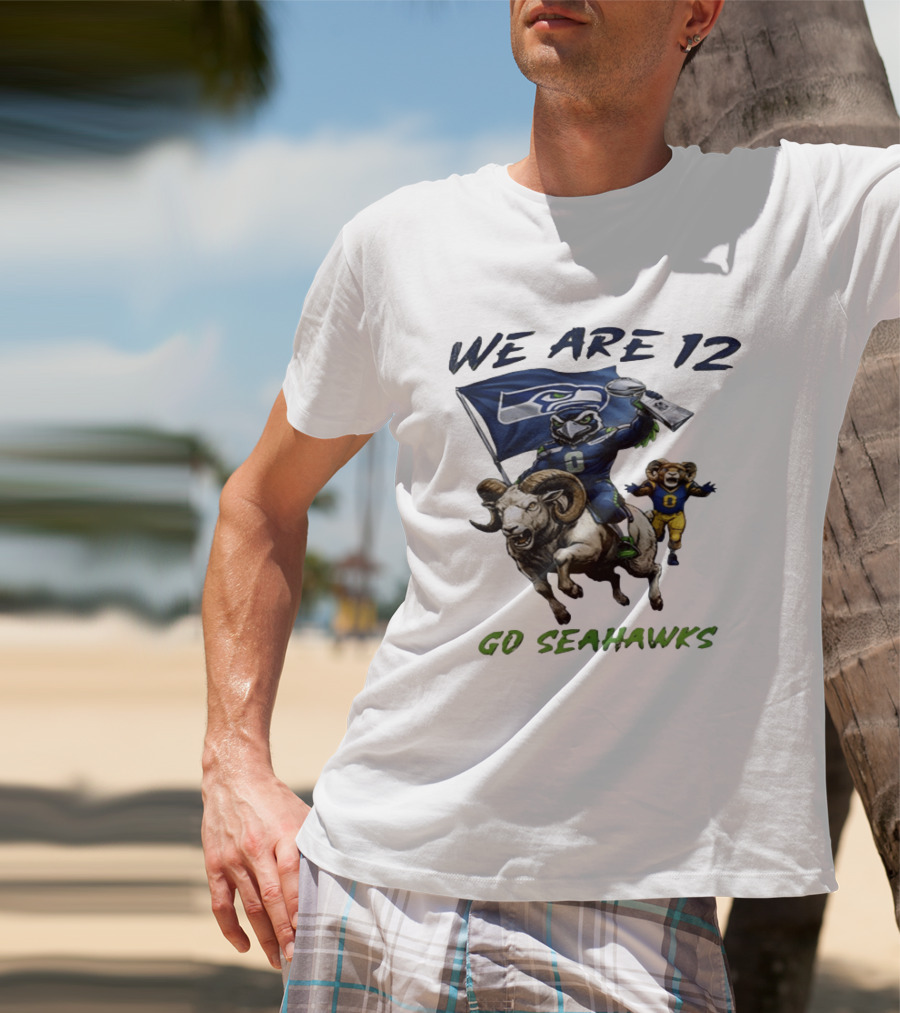 We Are 12 Go Seahawks Riding Goat With Seahawks Flag T-Shirt