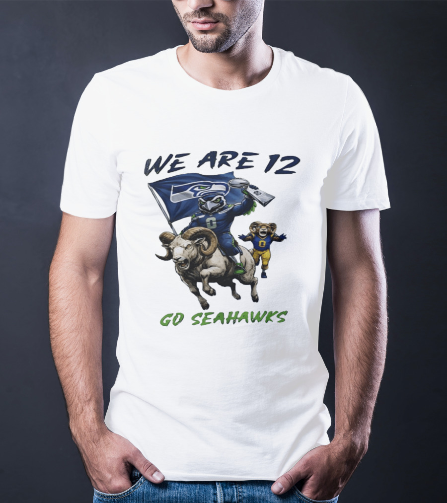 We Are 12 Go Seahawks Riding Goat With Seahawks Flag T-Shirt