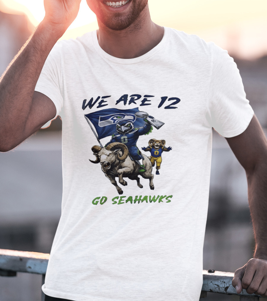 We Are 12 Go Seahawks Riding Goat With Seahawks Flag T-Shirt