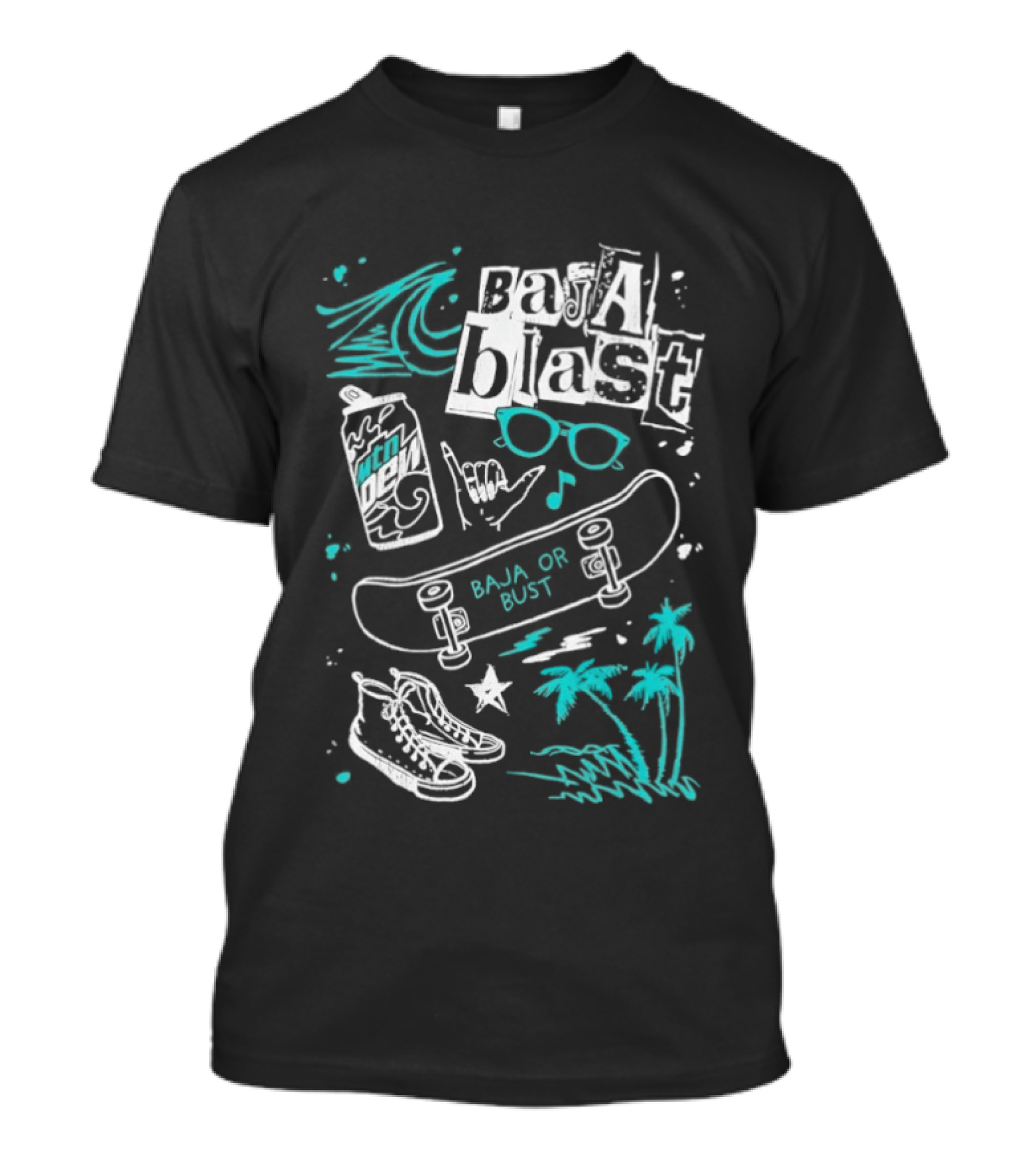 Mountain Dew Baja Blast Skateboard Surf Vibes Ocean Palms Adventure T-Shirt