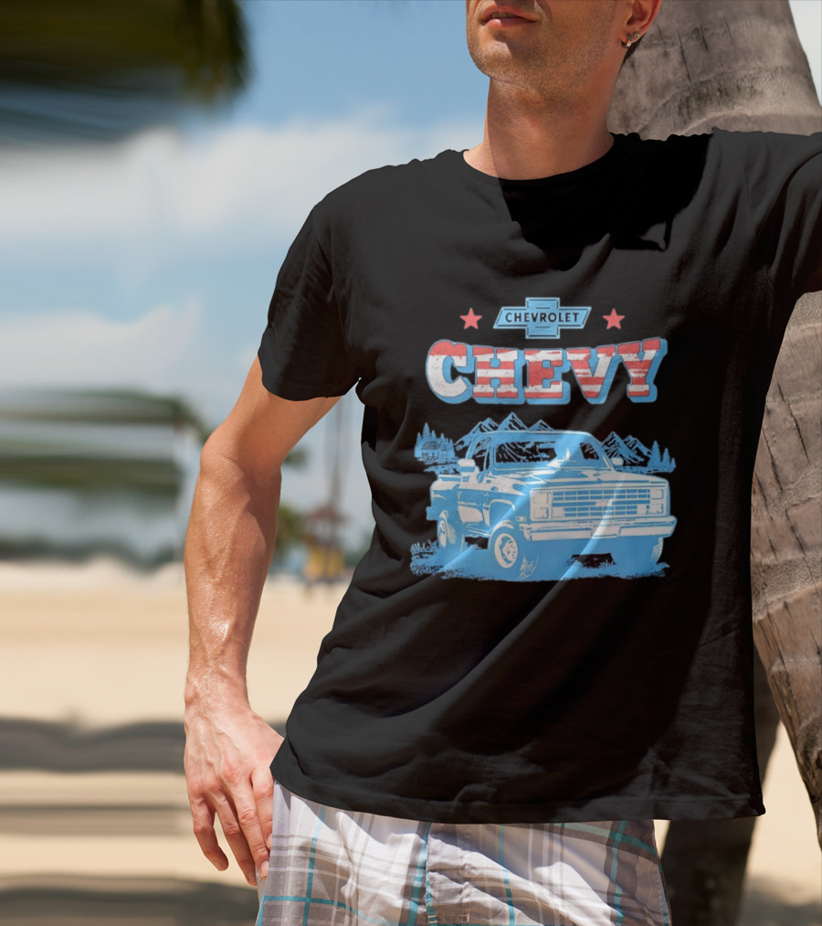 Chevy Chevrolet Truck Vintage Stars And Stripes Retro Mountain Scene T-Shirt