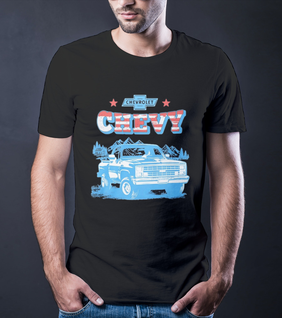 Chevy Chevrolet Truck Vintage Stars And Stripes Retro Mountain Scene T-Shirt