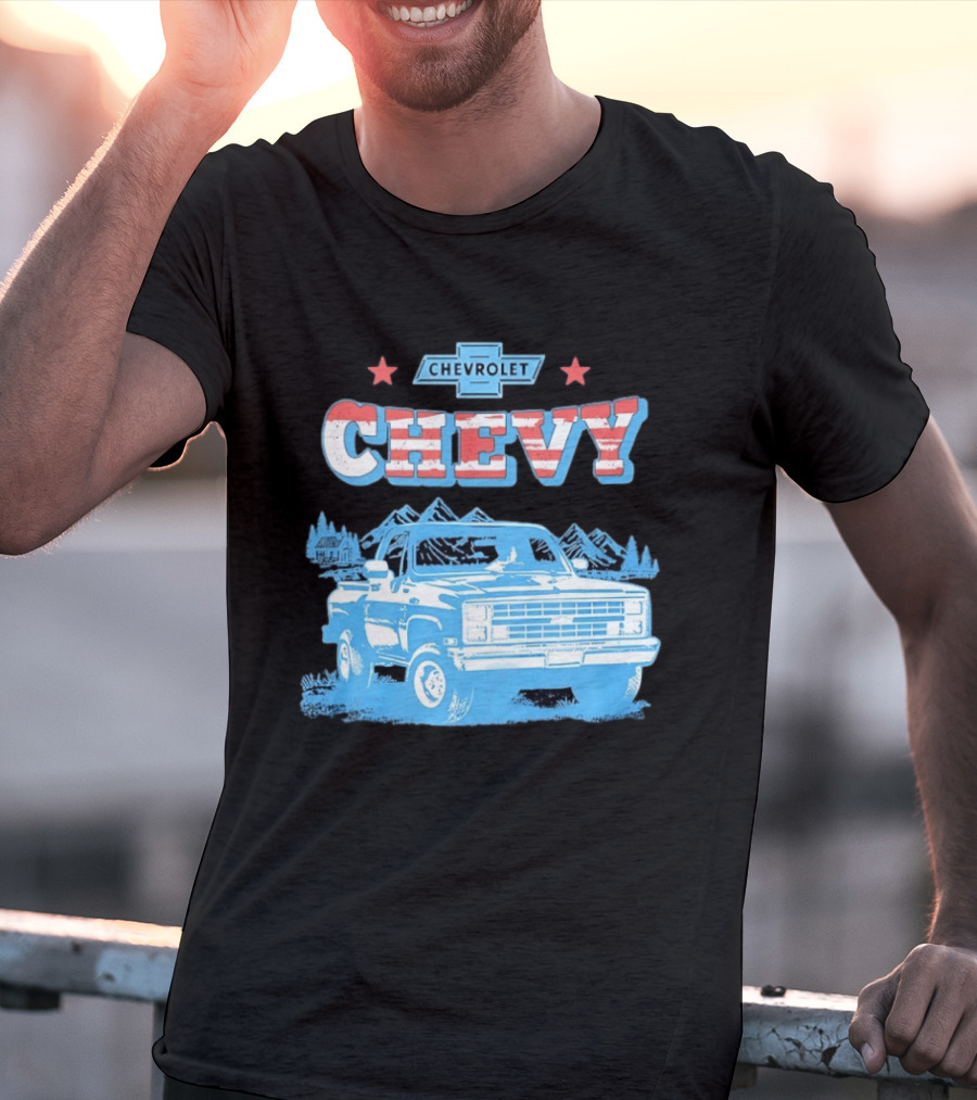 Chevy Chevrolet Truck Vintage Stars And Stripes Retro Mountain Scene T-Shirt