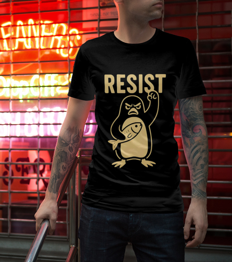 RESIST Angry Penguin Holding Fish T-Shirt