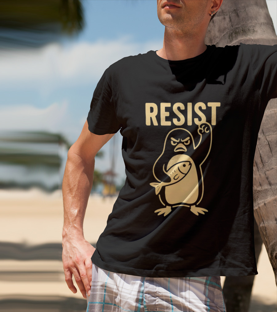RESIST Angry Penguin Holding Fish T-Shirt
