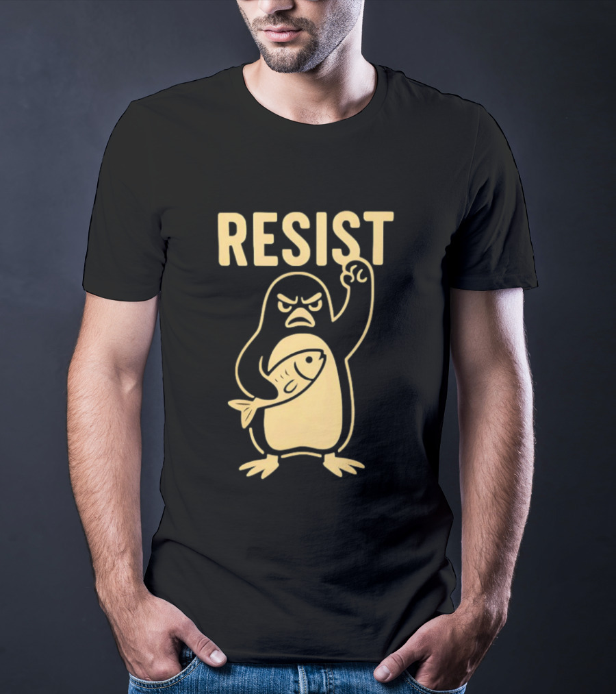 RESIST Angry Penguin Holding Fish T-Shirt