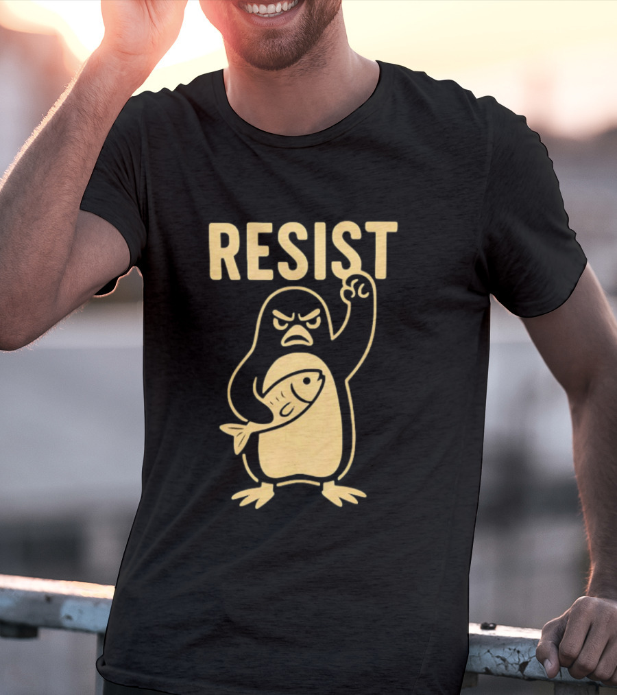 RESIST Angry Penguin Holding Fish T-Shirt