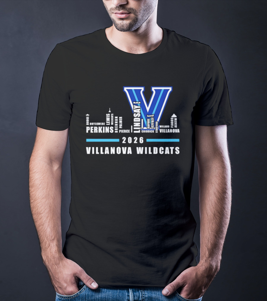 2026 Villanova Wildcats V With City Skyline And Player Names T-Shirt