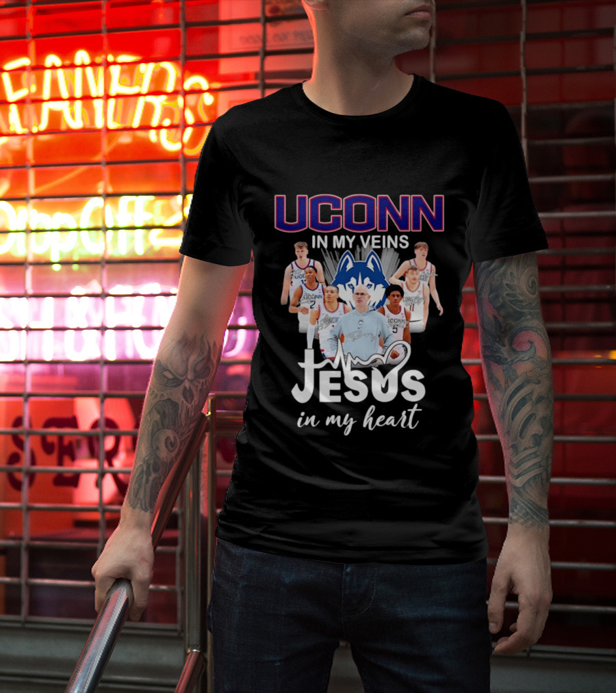 UConn Huskies Coach Dan Hurley Players Jesus In My Heart In My Veins T-Shirt