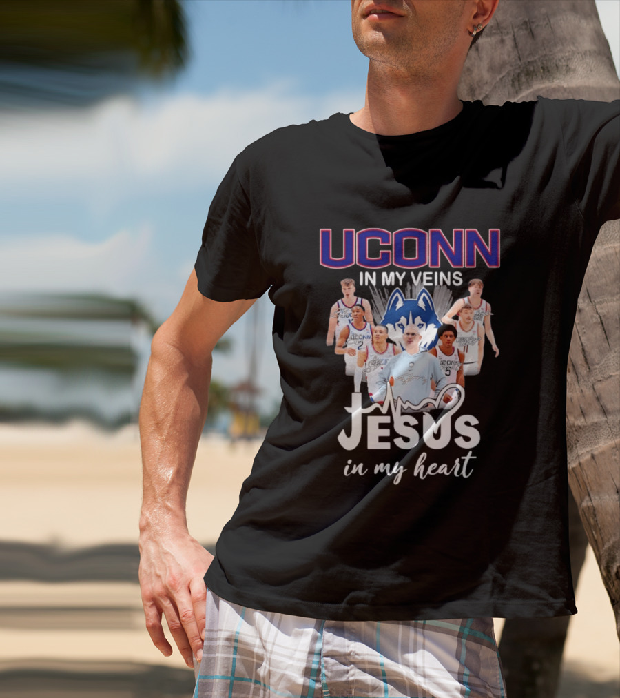 UConn Huskies Coach Dan Hurley Players Jesus In My Heart In My Veins T-Shirt