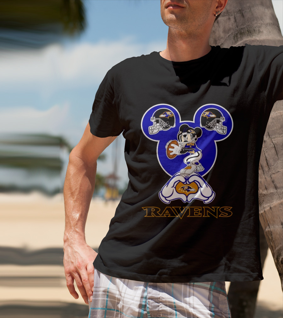 Baltimore Ravens Mickey Mouse Heart Hands Football Helmets T-Shirt