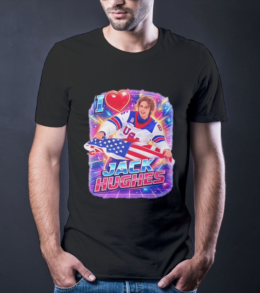 I Love Jack Hughes USA Hockey Flag Celebration T-Shirt