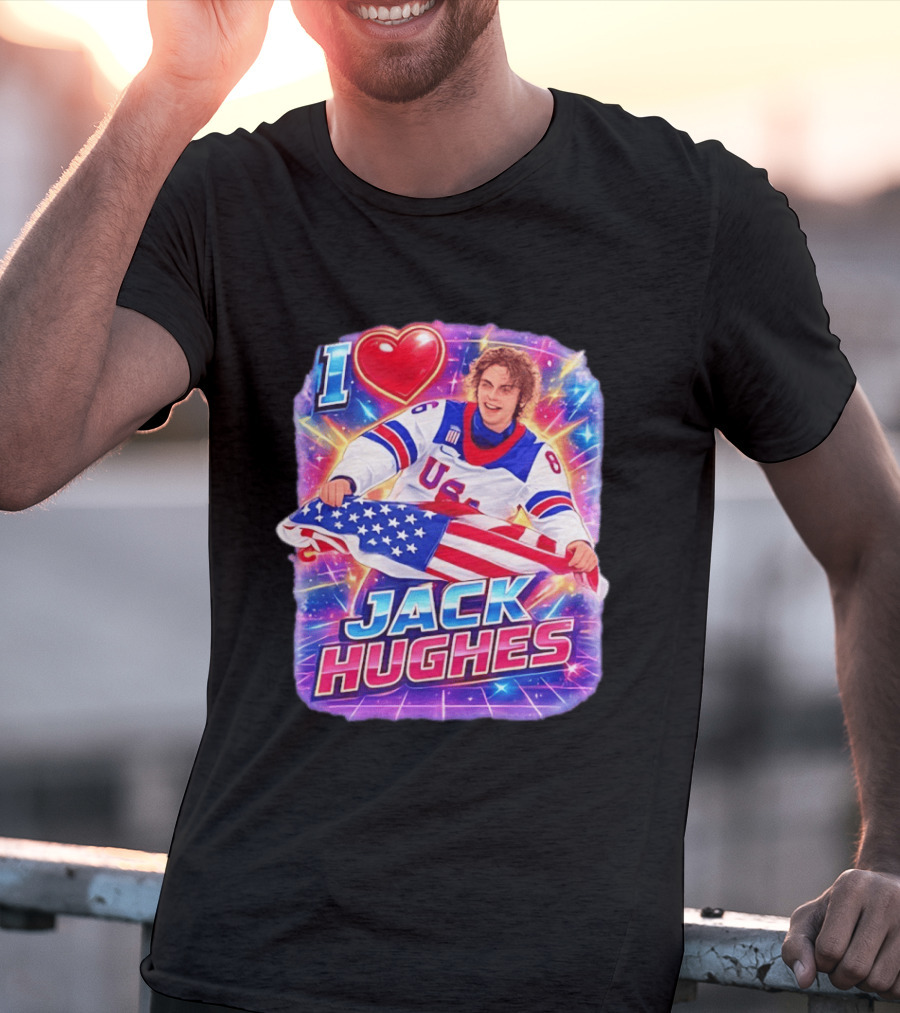 I Love Jack Hughes USA Hockey Flag Celebration T-Shirt