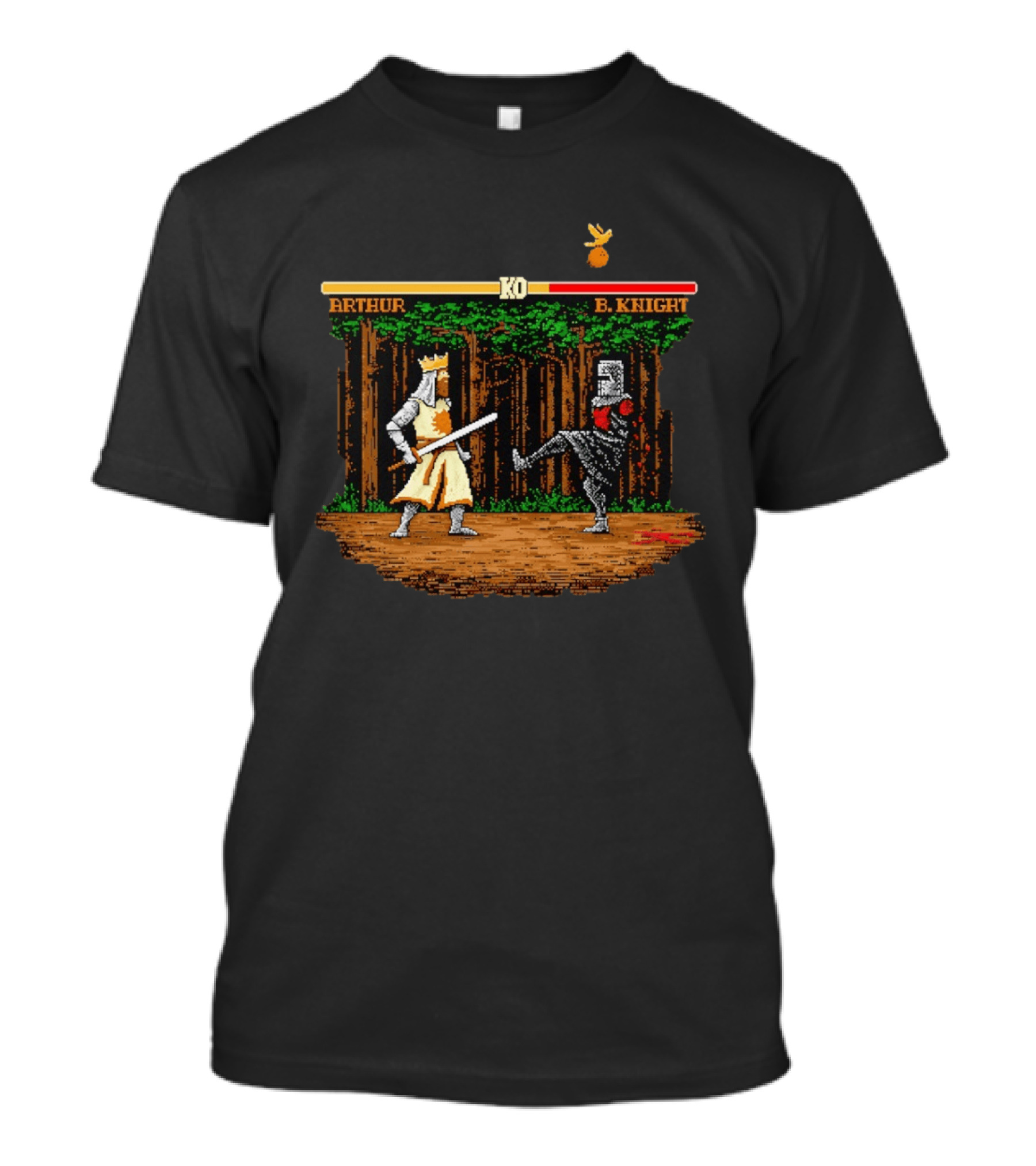 King Arthur Vs Black Knight KO Monty Python And The Holy Grail Pixel Art Forest Duel T-Shirt