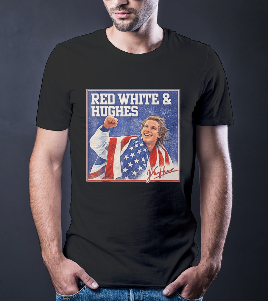 Red White & Hughes USA Jack Hughes Signature Fist Pump Celebration T-Shirt