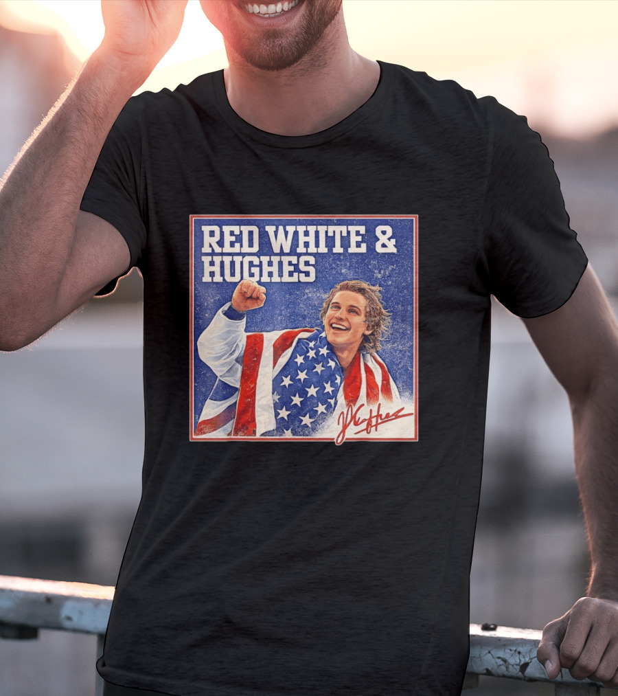 Red White & Hughes USA Jack Hughes Signature Fist Pump Celebration T-Shirt