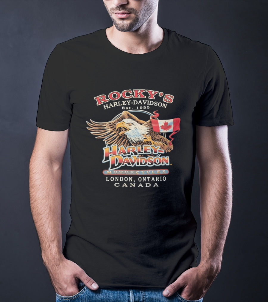 Rocky's Harley Davidson Motorcycles Est 1955 Eagle Canadian Flag London Ontario Canada T-Shirt