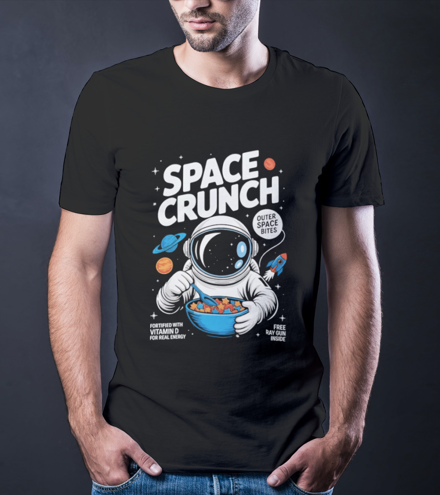 Space Crunch Outer Space Bites Astronaut Eating Cereal Planets Rockets T-Shirt