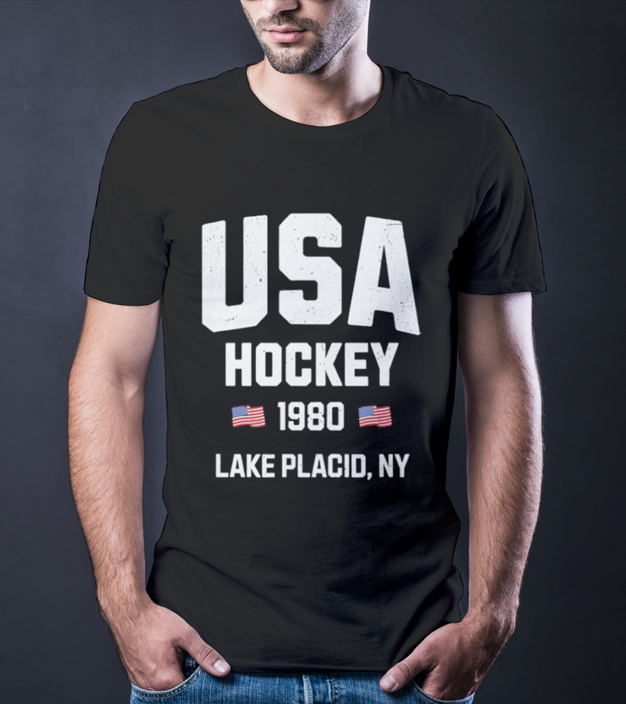 USA Hockey 1980 Lake Placid NY American Flags T-Shirt
