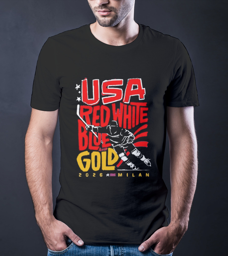 USA Hockey Red White Blue Gold 2026 Milan Sports Event T-Shirt