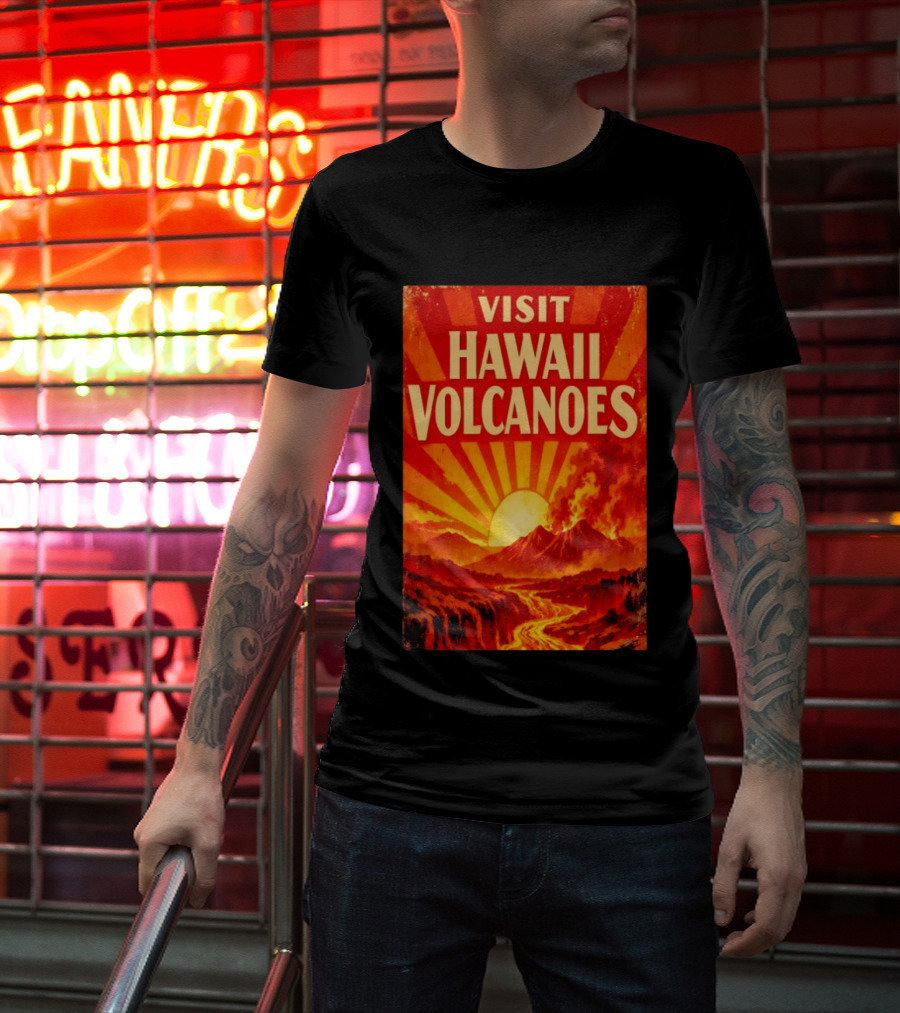 Visit Hawaii Volcanoes Vintage Travel With Erupting Mountain And Sunset Rays T-Shirt