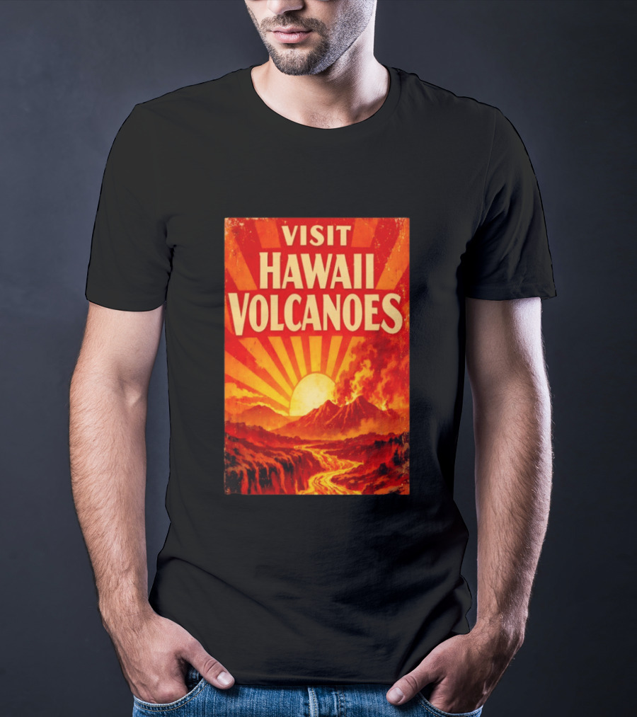 Visit Hawaii Volcanoes Vintage Travel With Erupting Mountain And Sunset Rays T-Shirt