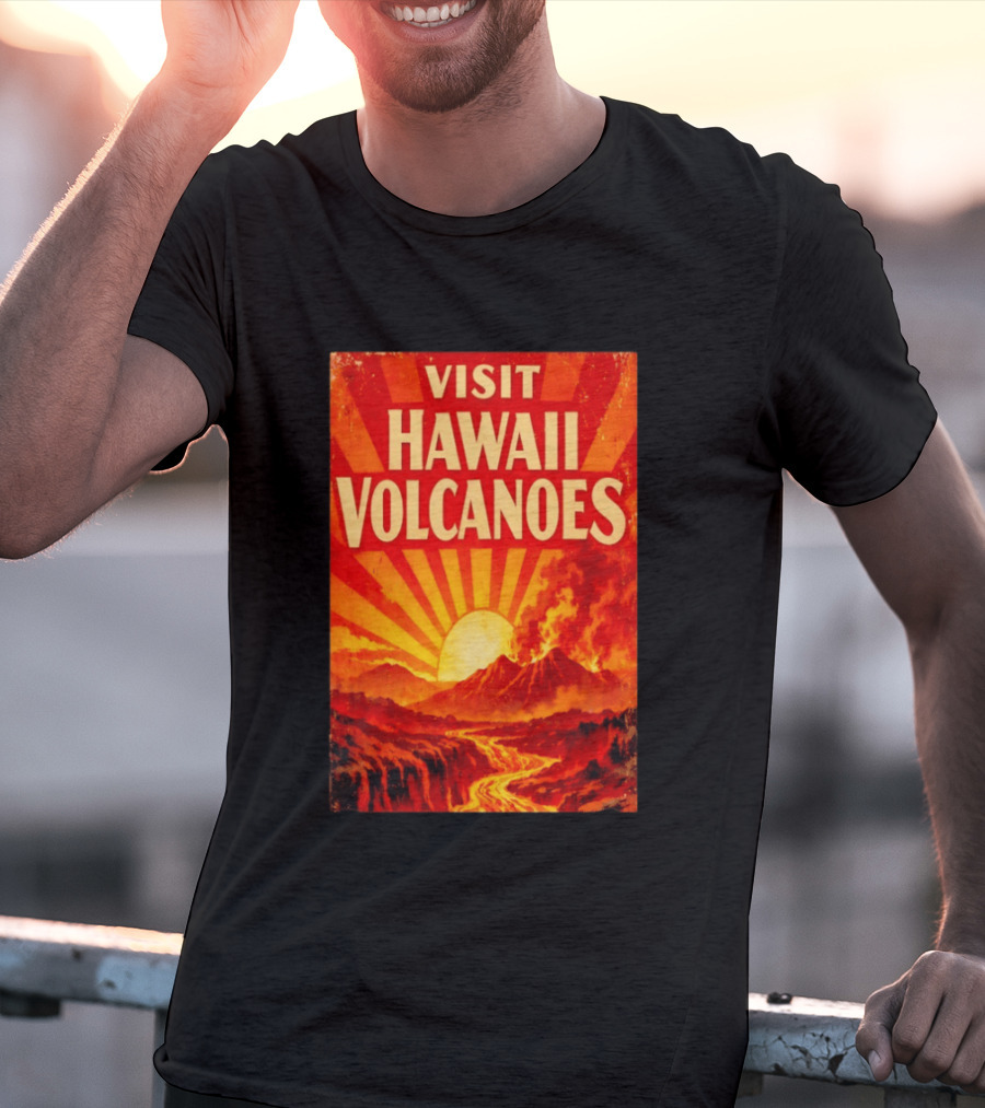 Visit Hawaii Volcanoes Vintage Travel With Erupting Mountain And Sunset Rays T-Shirt