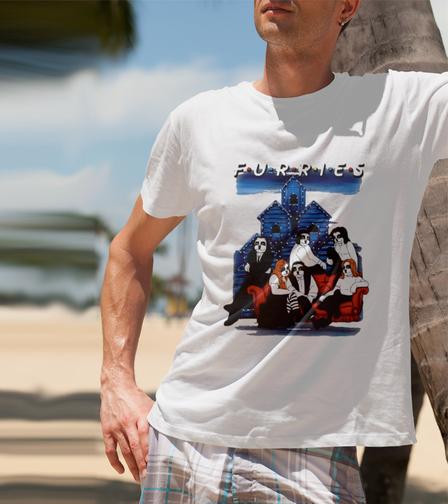 Furries Friends Group Sitting In Front Of Blue Houses T-Shirt