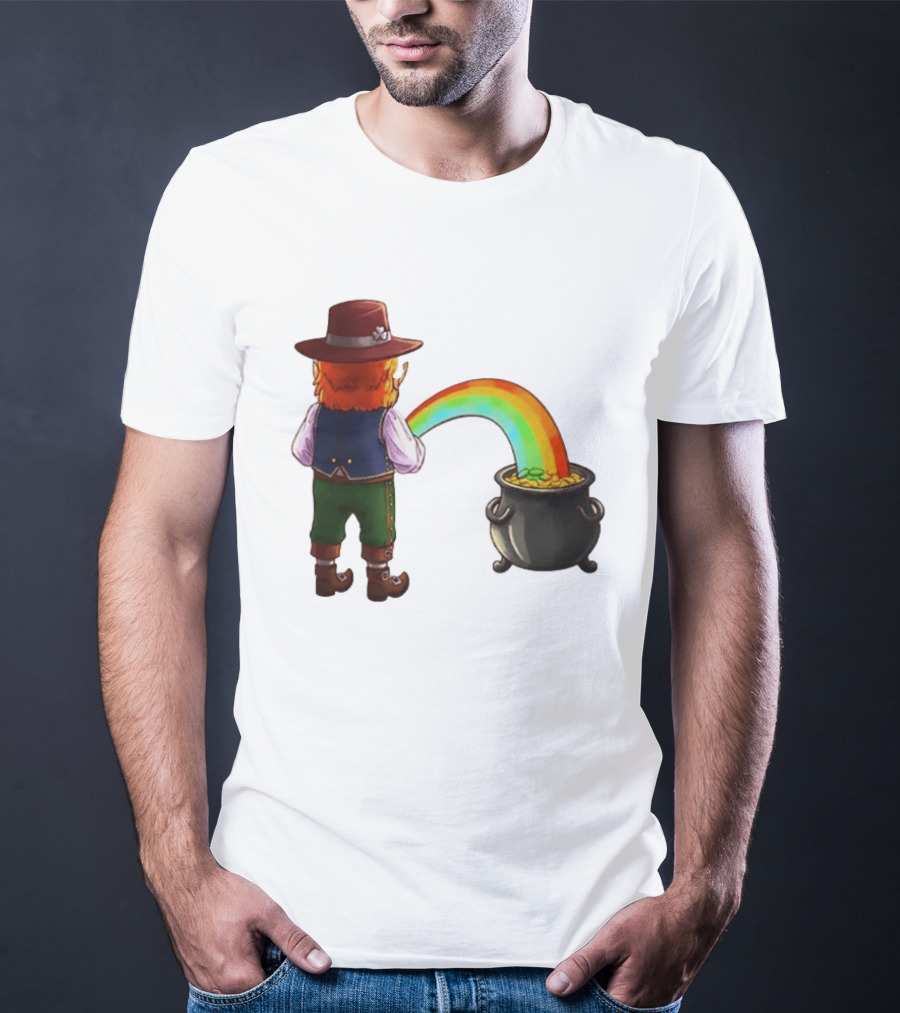 St Patricks Day Leprechaun Pissing Rainbow Into Pot Of Gold Meme T-Shirt