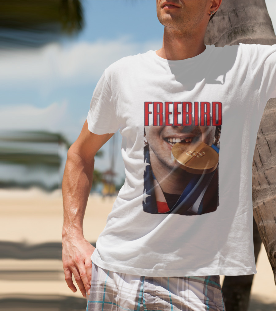Jack Hughes Freebird Golden Smile Olympic Medal Bite T-Shirt