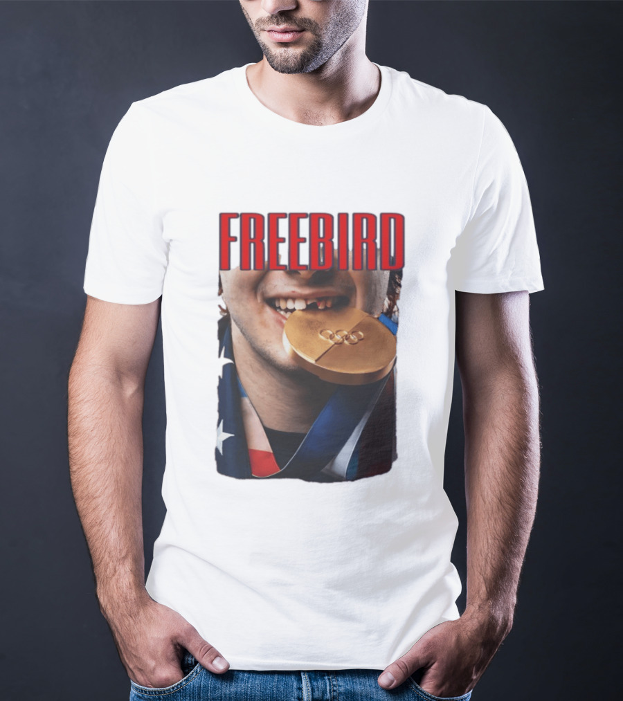 Jack Hughes Freebird Golden Smile Olympic Medal Bite T-Shirt