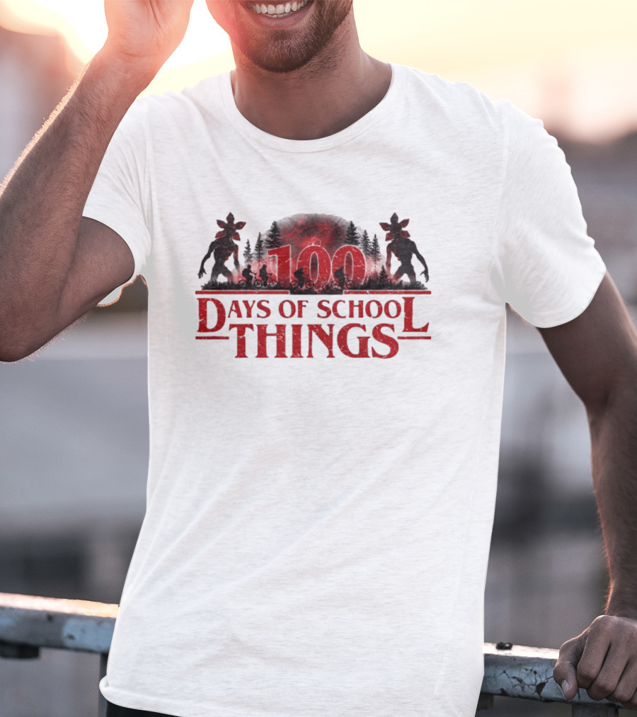 100 Days Of School Things Stranger Things Biking Adventure With Demogorgon T-Shirt