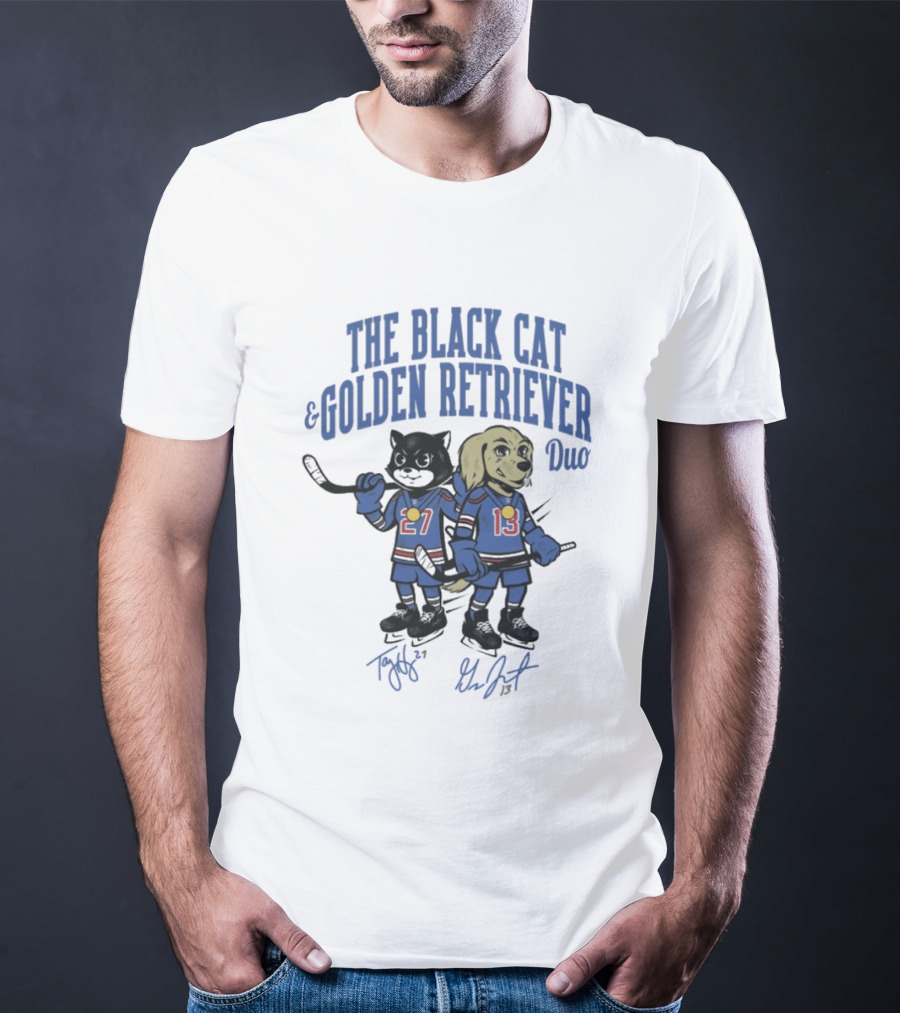 The Black Cat And Golden Retriever Duo Hockey Team 27 13 T-Shirt