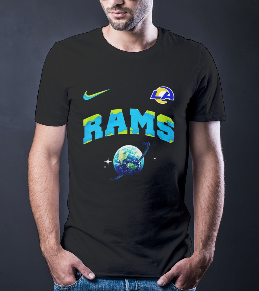 Los Angeles Rams Earth Day One Planet One Goal Nike Collaboration With LA Logo And Planet T-Shirt