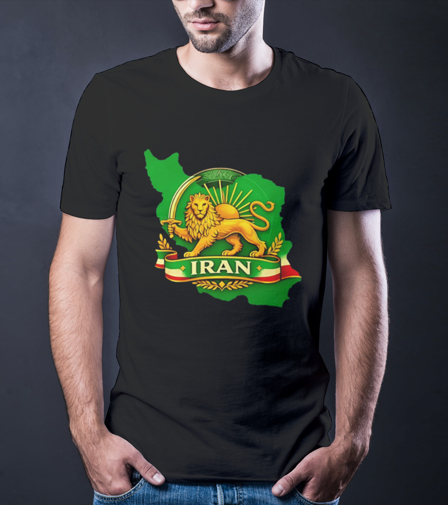 Iran Lion And Sun Emblem On Map Of Iran With National T-Shirt