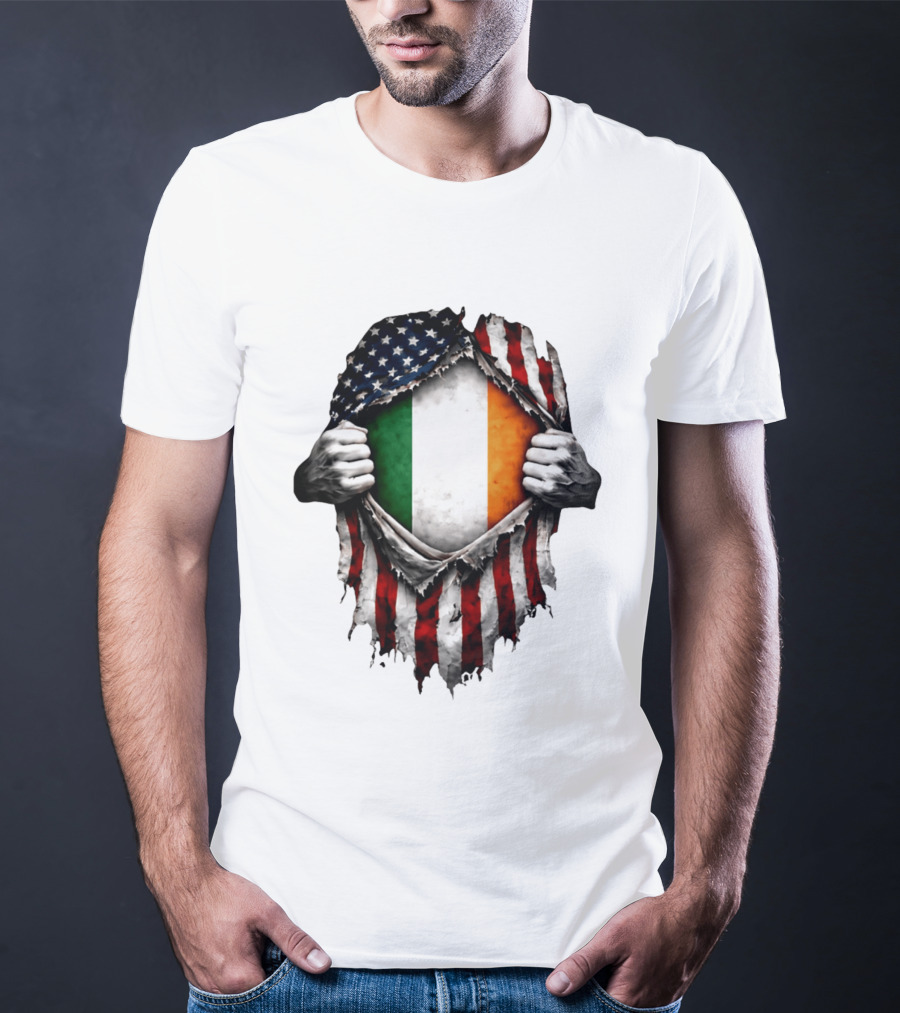 Irish Inside American Flag Tear With Ireland Flag T-Shirt