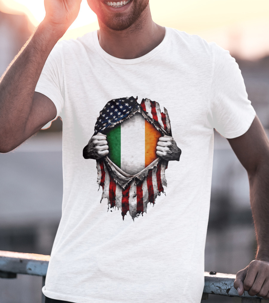 Irish Inside American Flag Tear With Ireland Flag T-Shirt