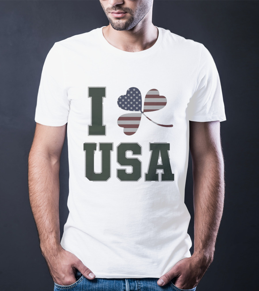 I Love USA St Patrick's Day Shamrock American Flag Heart T-Shirt