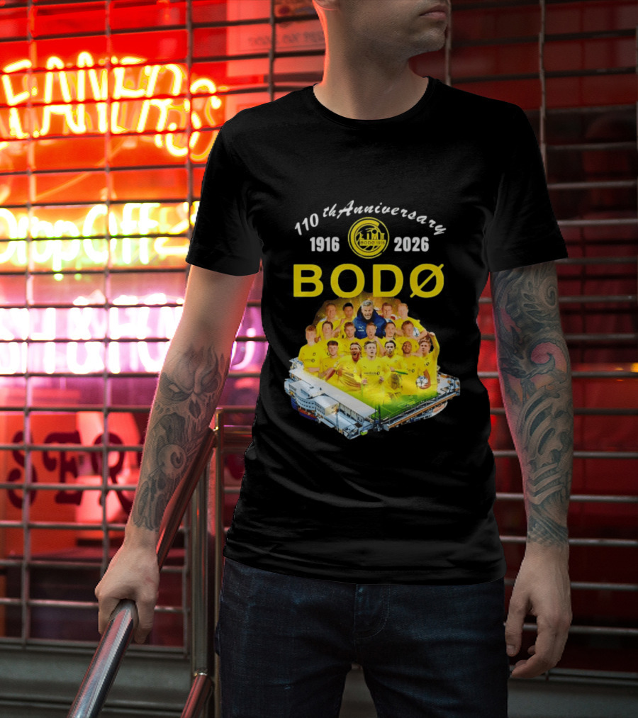Bodø Glimt 110th Anniversary 1916 2026 Aspmyra Stadion Collage Featuring Players And Signatures T-Shirt