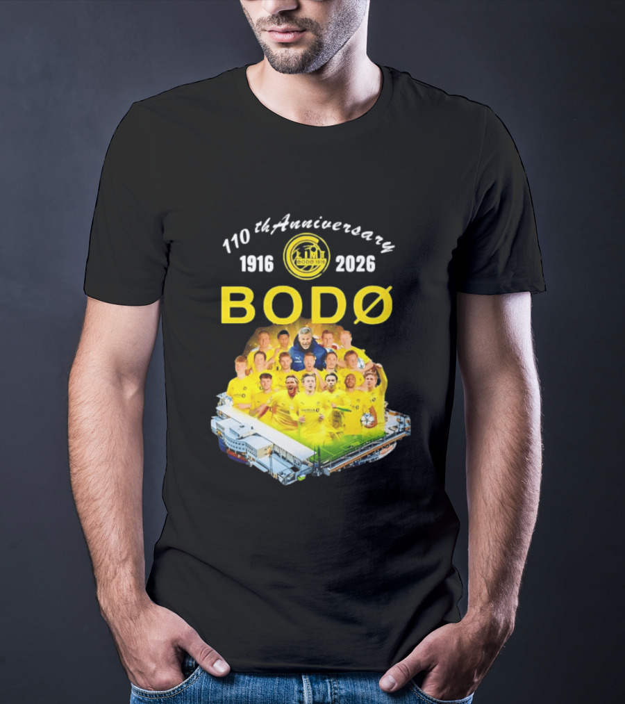 Bodø Glimt 110th Anniversary 1916 2026 Aspmyra Stadion Collage Featuring Players And Signatures T-Shirt
