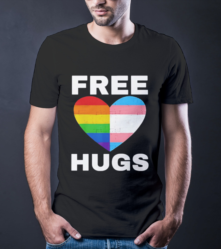 Free Hugs LGBTQ Rainbow Heart Pride T-Shirt