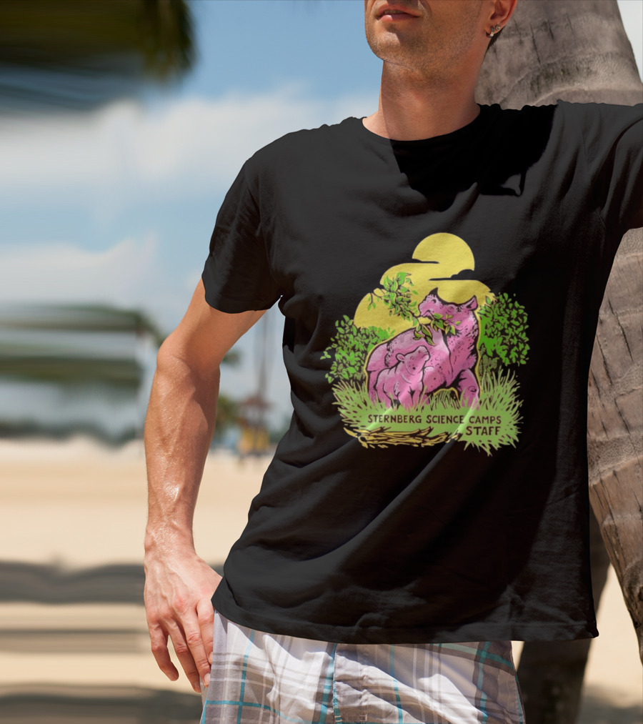 Sternberg Science Camps Staff Pink Dinosaurs Under Yellow Sun T-Shirt