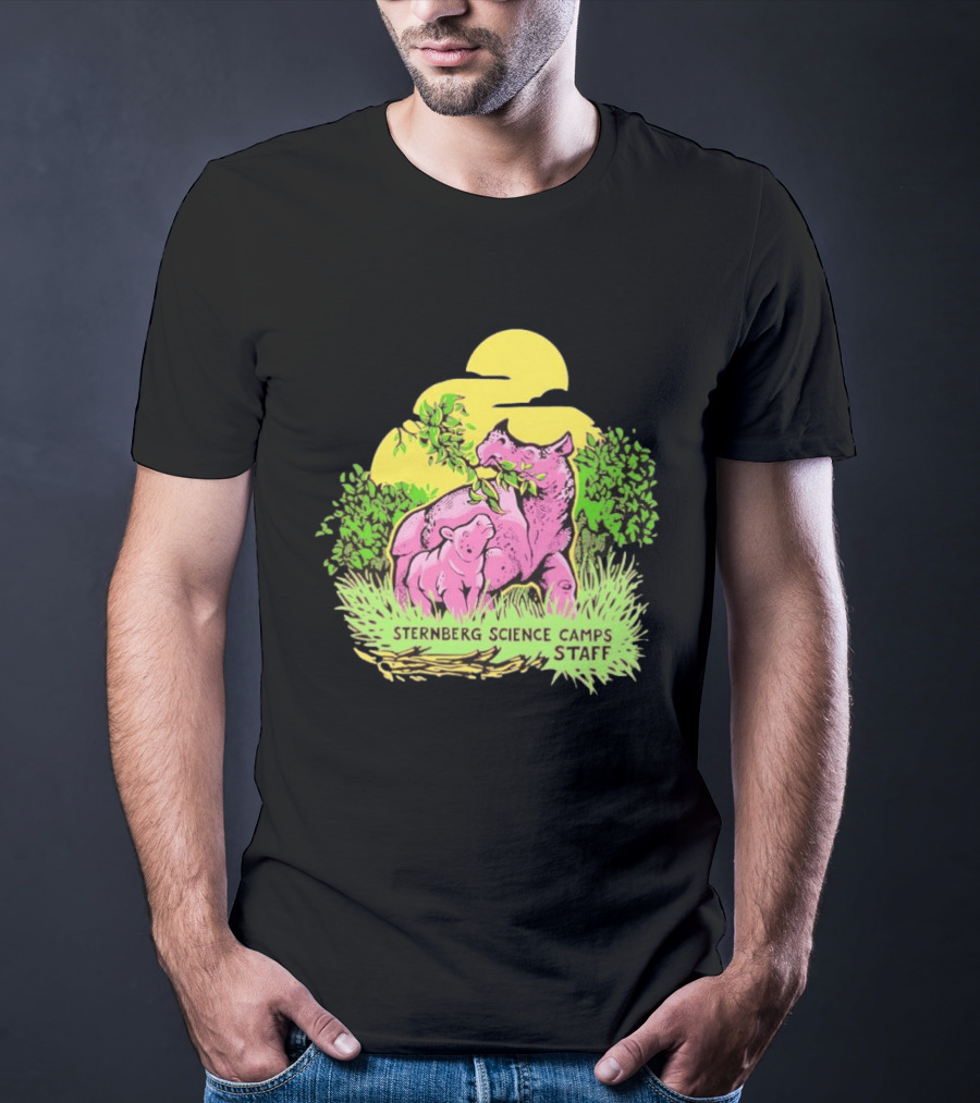 Sternberg Science Camps Staff Pink Dinosaurs Under Yellow Sun T-Shirt