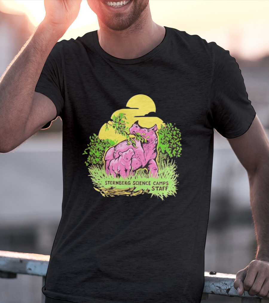 Sternberg Science Camps Staff Pink Dinosaurs Under Yellow Sun T-Shirt