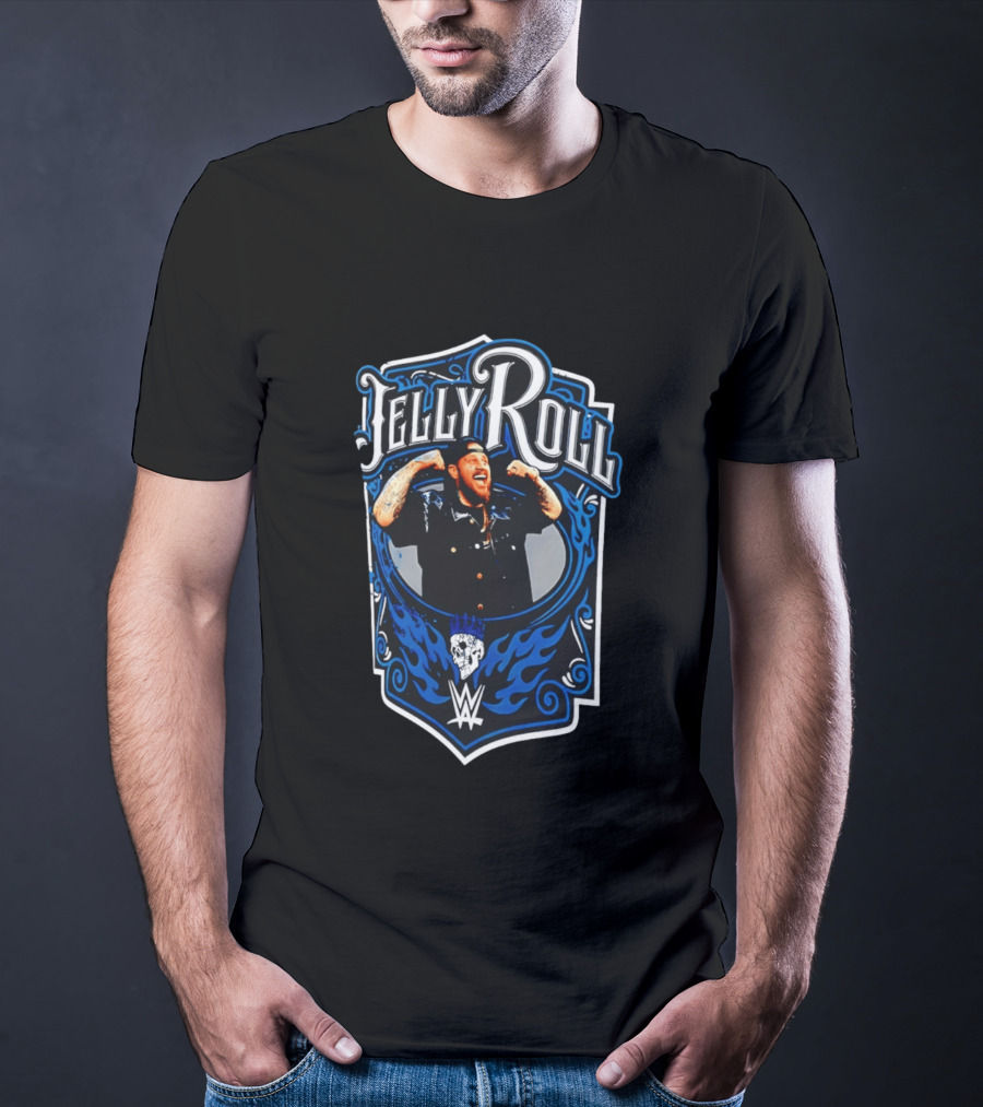 Jelly Roll WWE Superstar Illustration With Flaming Skull And Tattooed Arms T-Shirt