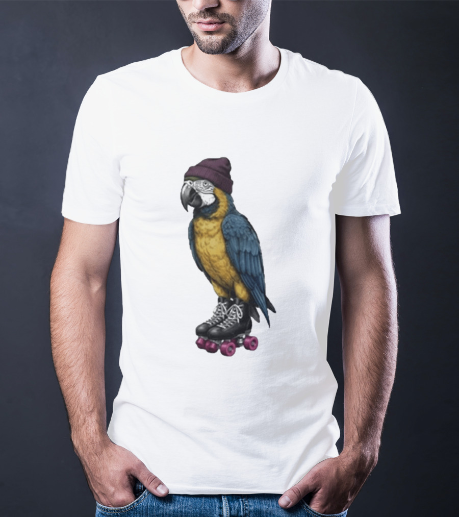 Nice Roller Skating Parrot With Hat And Colorful Feathers T-Shirt