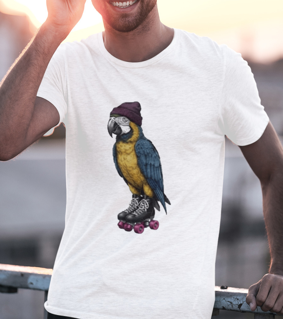 Nice Roller Skating Parrot With Hat And Colorful Feathers T-Shirt