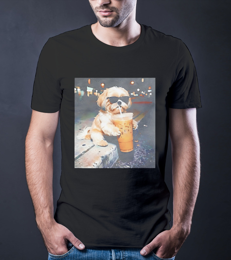 Shih Tzu Enjoying Iced Coffee At Night With Sunglasses T-Shirt
