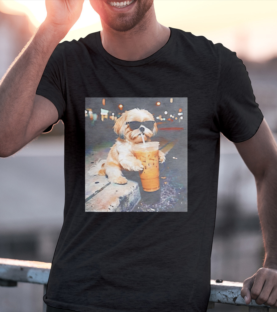 Shih Tzu Enjoying Iced Coffee At Night With Sunglasses T-Shirt